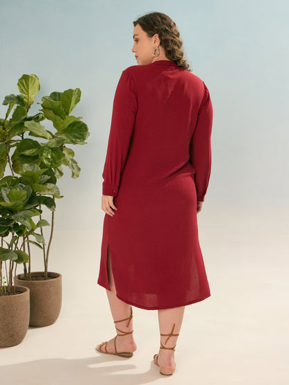 Maroon Front Button Midi Dress