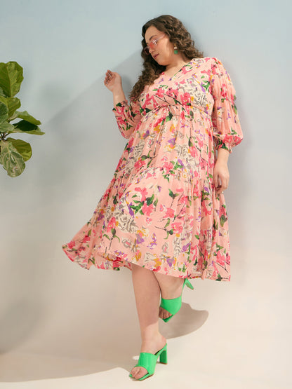 Plus size women's Pink Georgette Pink Floral Tiered Midi Dress by Sassafras Curve for wholesale buyers, boutiques, resellers and bulk orders from