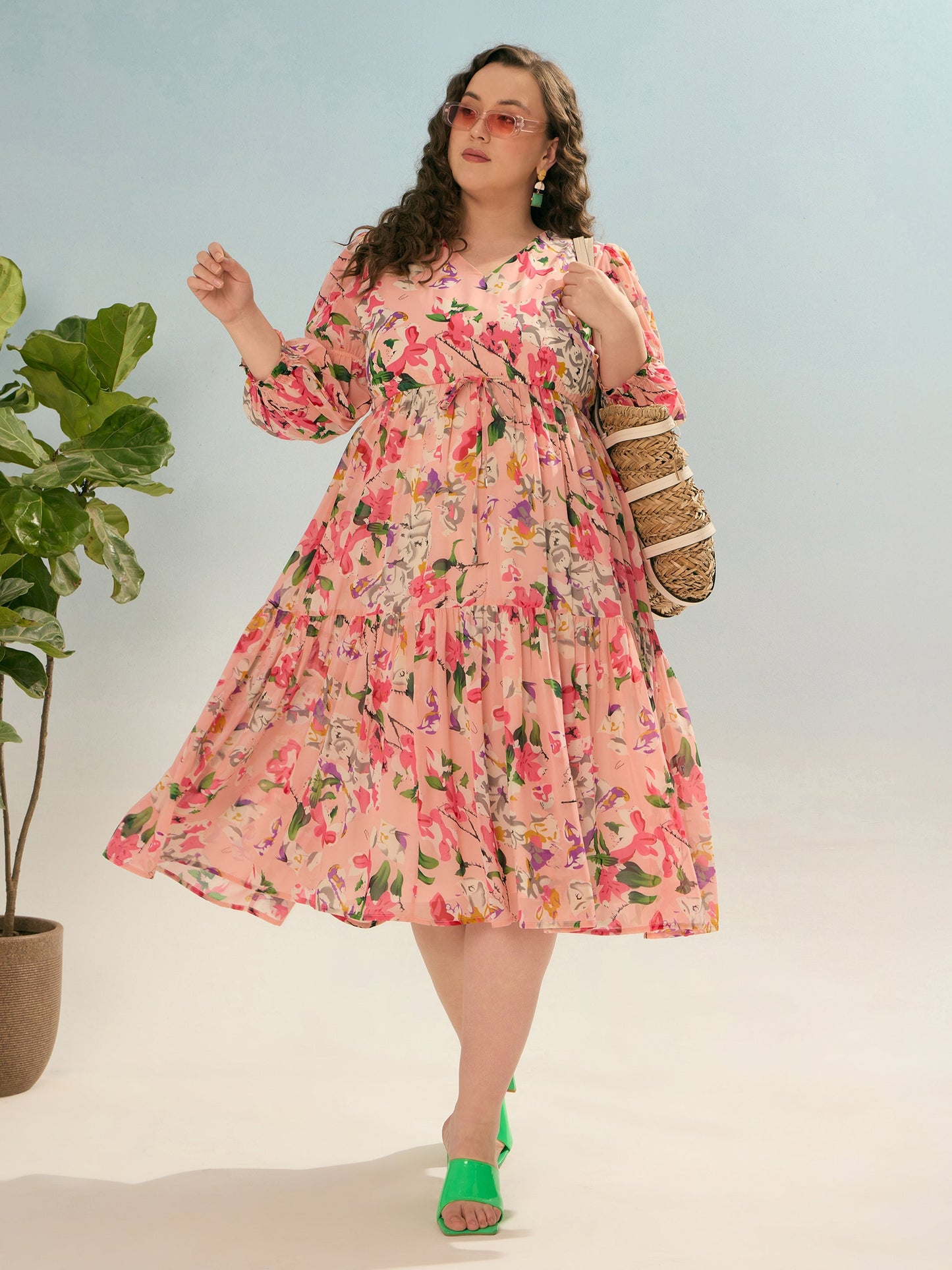 Pink Floral Tiered Midi Dress-SASSAFRAS Curve