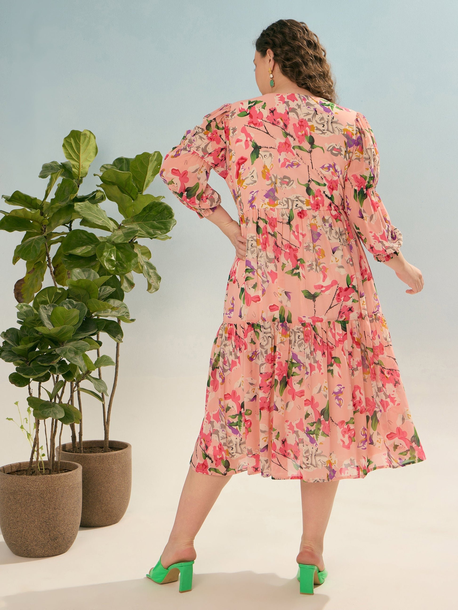 Pink Floral Tiered Midi Dress-SASSAFRAS Curve