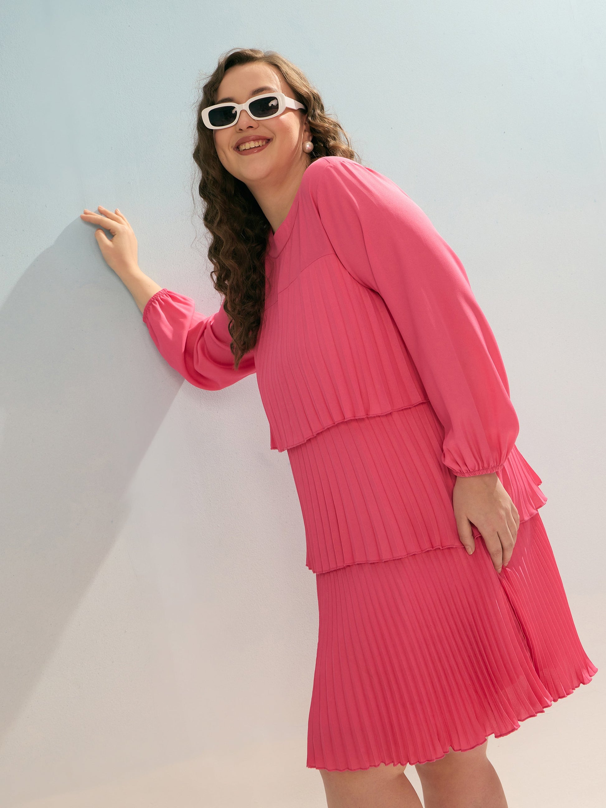 Plus size women's Pink Georgette Pink Pleated Skater Tiered Dress by Sassafras Curve for wholesale buyers, boutiques, resellers and bulk orders from