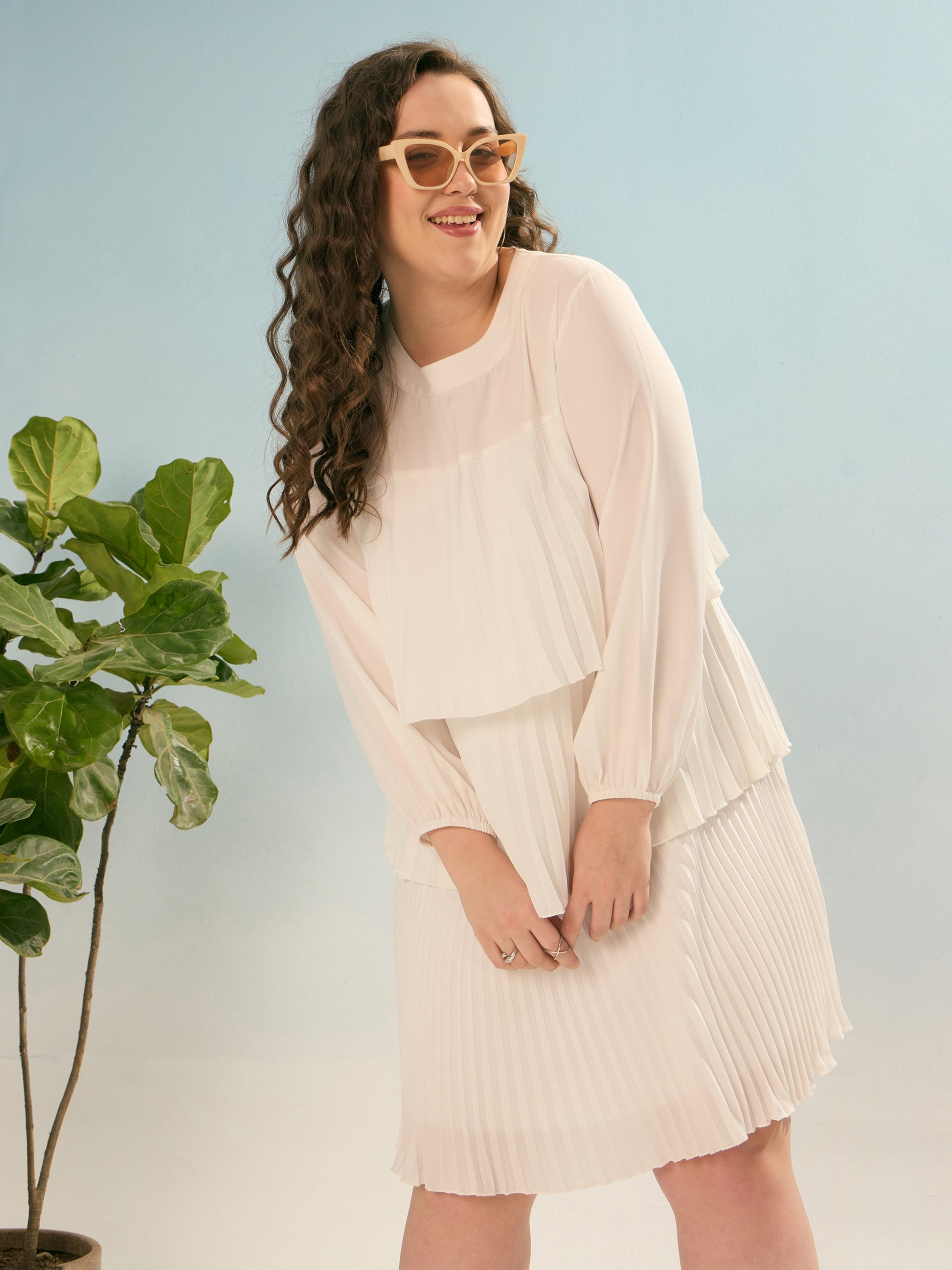Plus size women's White Georgette White Pleated Skater Tiered Dress by Sassafras Curve for wholesale buyers, boutiques, resellers and bulk orders