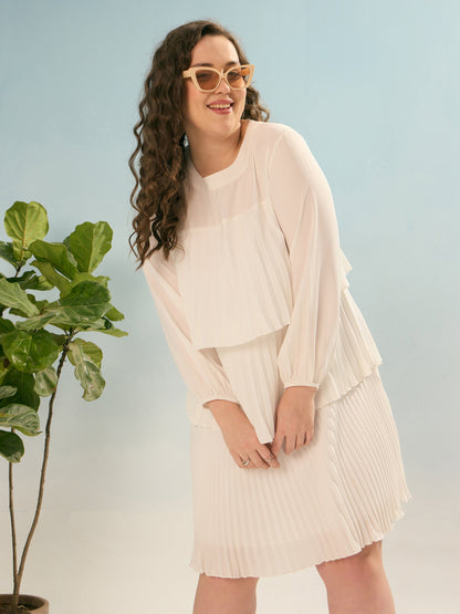 Plus size women's White Georgette White Pleated Skater Tiered Dress by Sassafras Curve for wholesale buyers, boutiques, resellers and bulk orders
