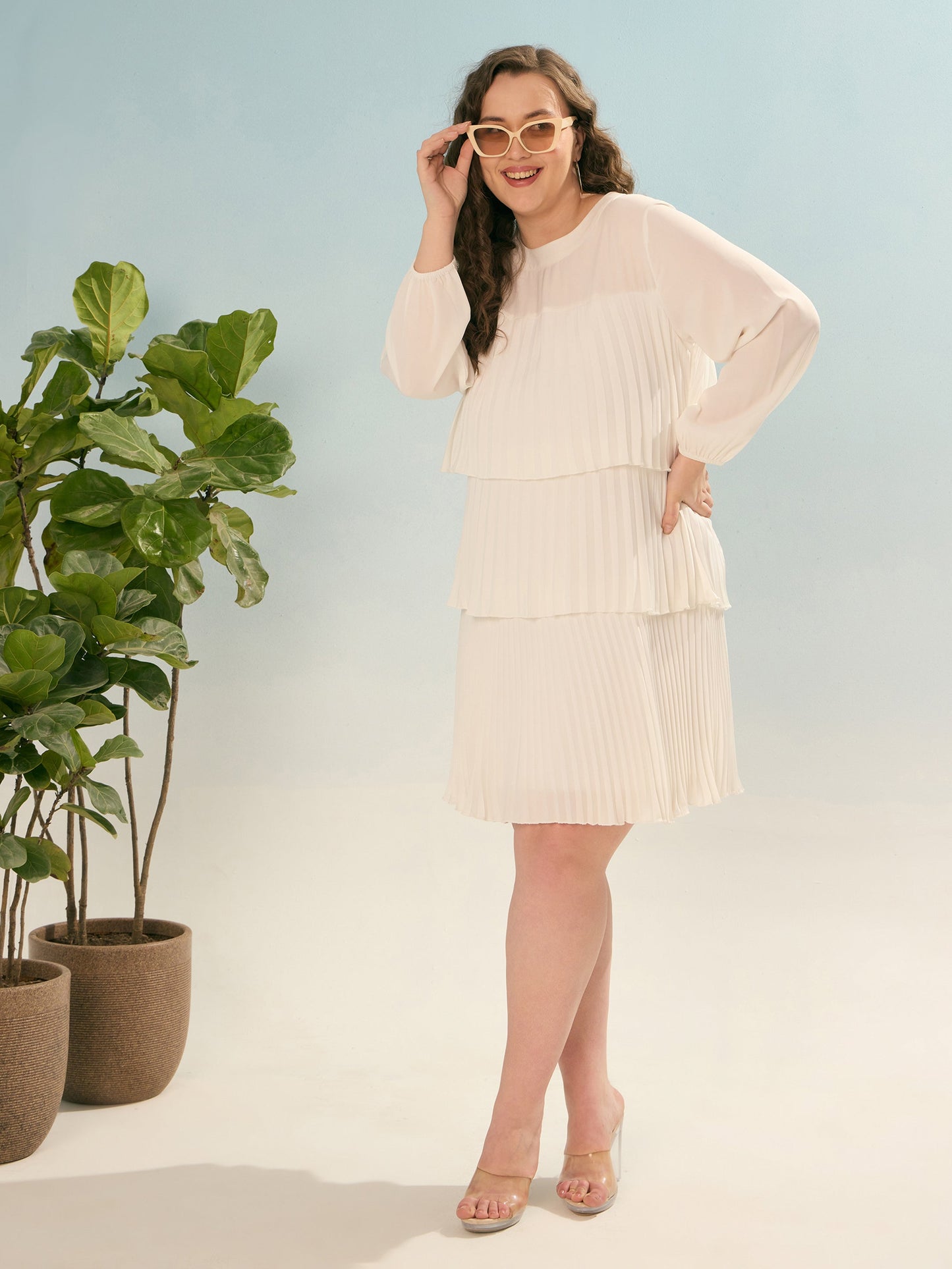 White Pleated Skater Tiered Dress-SASSAFRAS Curve