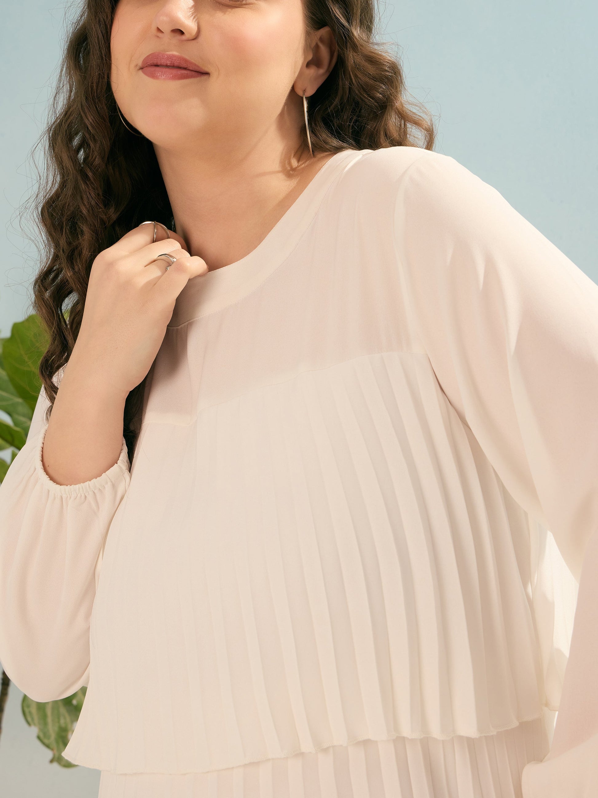 White Pleated Skater Tiered Dress-SASSAFRAS Curve