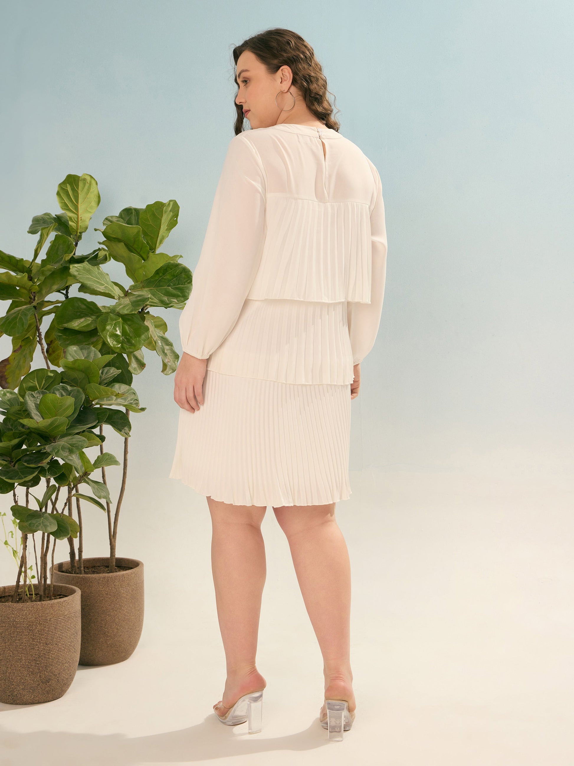 White Pleated Skater Tiered Dress-SASSAFRAS Curve