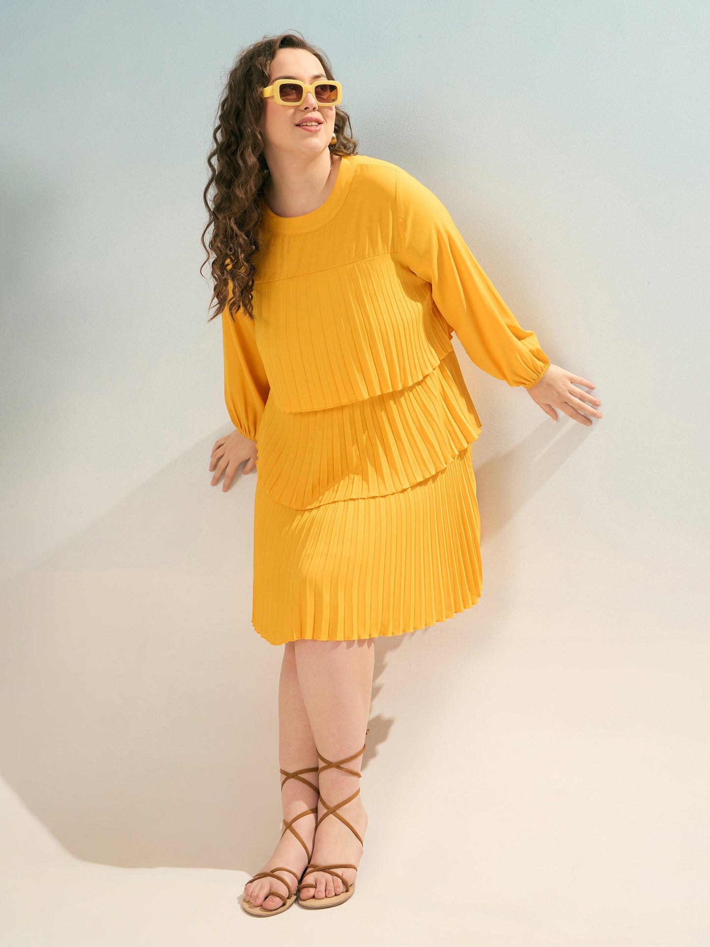 Plus size women's Mustard Georgette Mustard Pleated Skater Tiered Dress by Sassafras Curve for wholesale buyers, boutiques, resellers and bulk orders