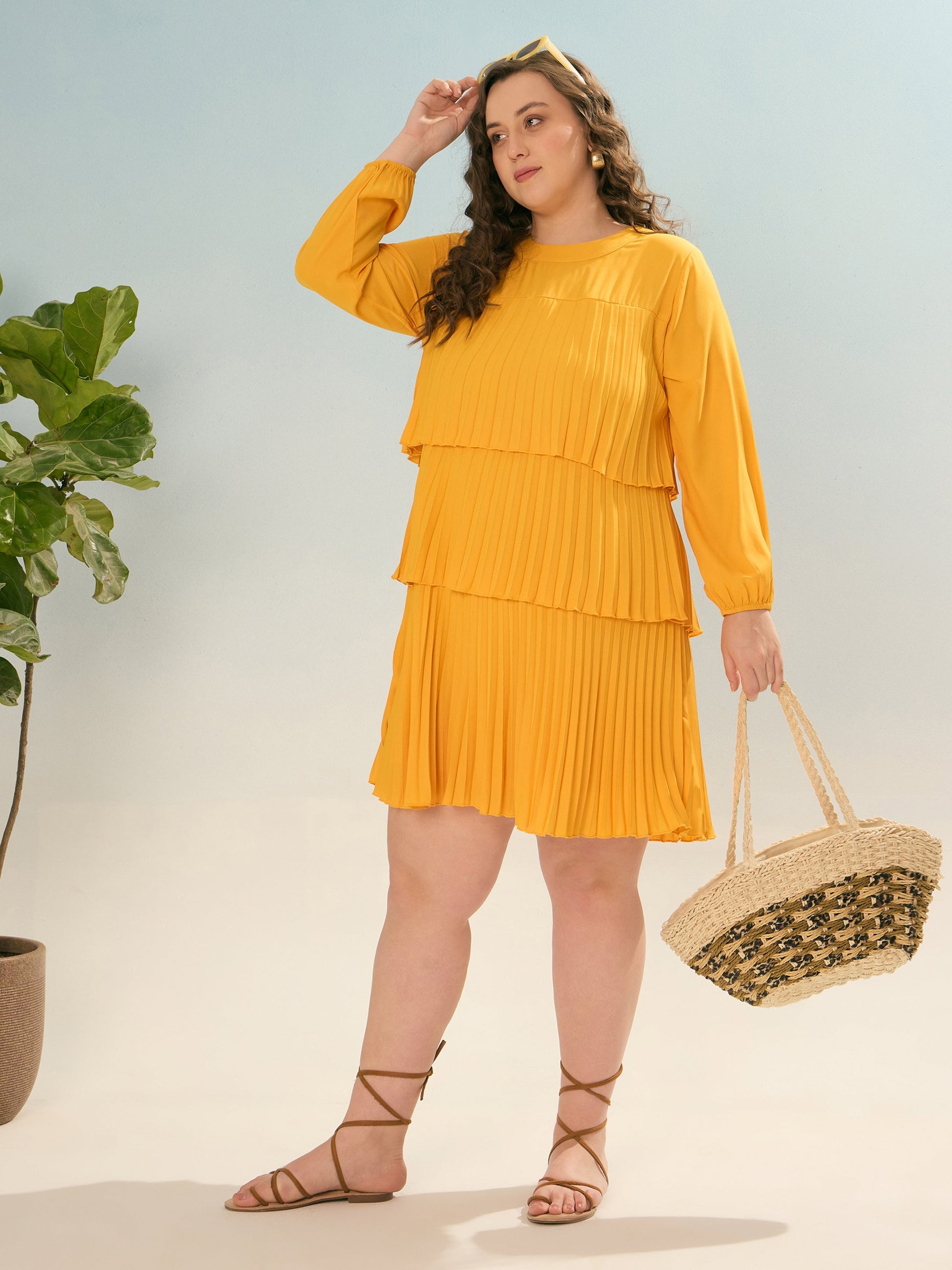 Mustard Pleated Skater Tiered Dress-SASSAFRAS Curve