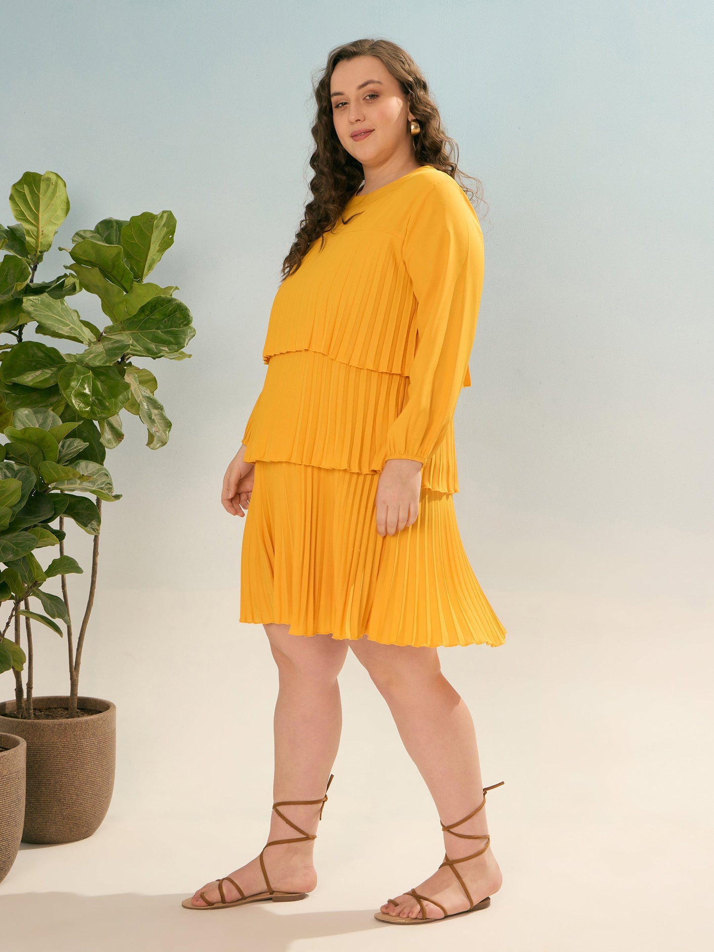 Mustard Pleated Skater Tiered Dress-SASSAFRAS Curve