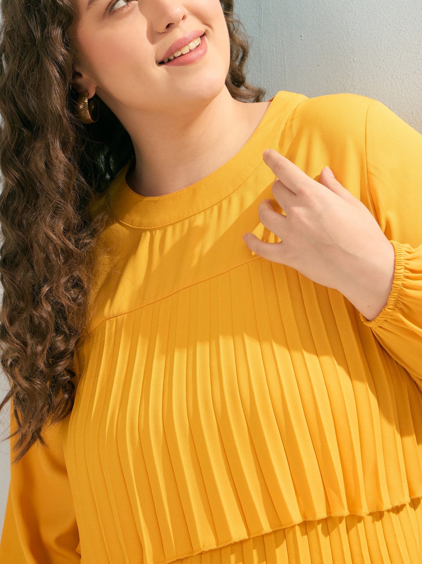 Mustard Pleated Skater Tiered Dress-SASSAFRAS Curve