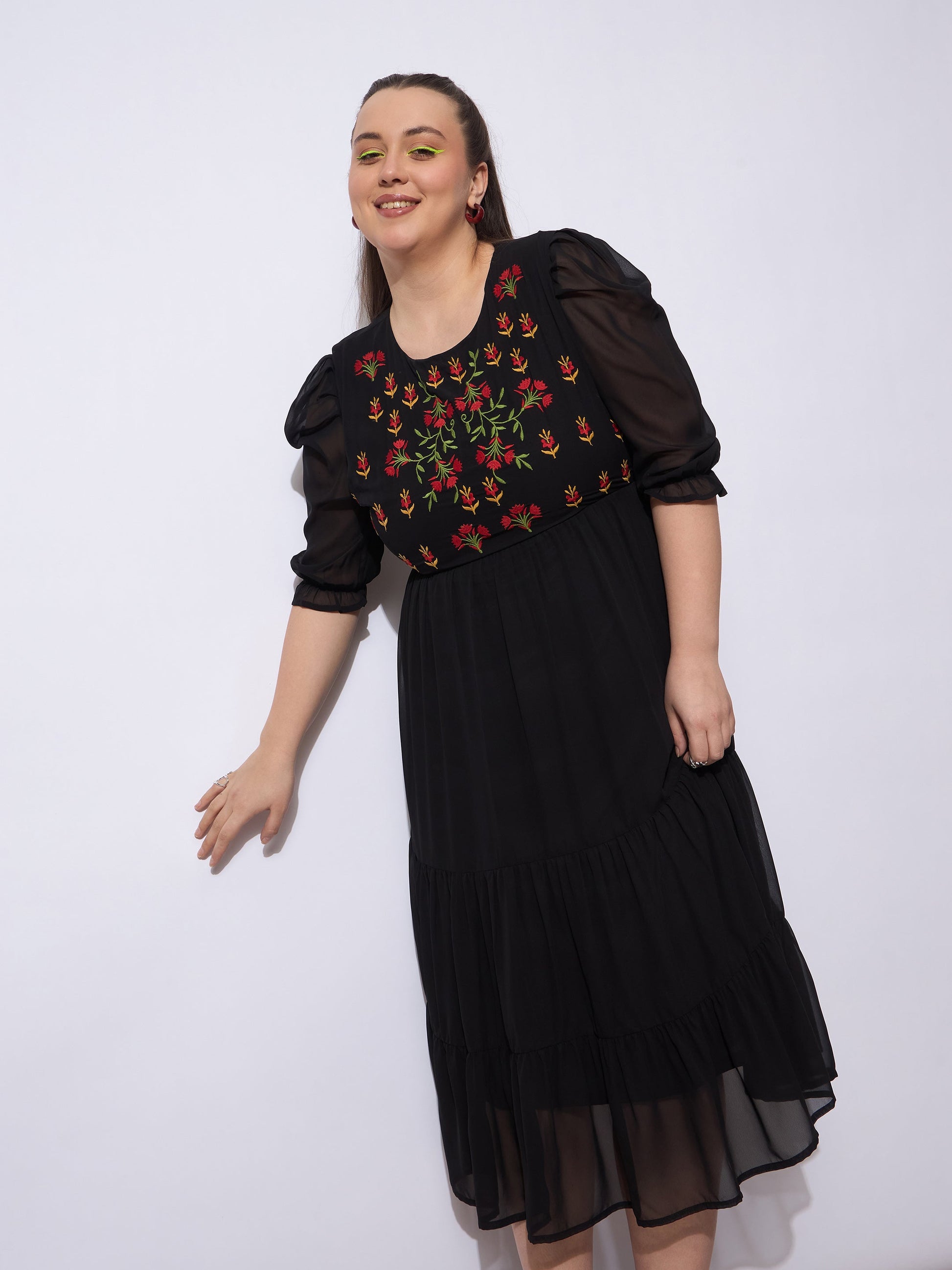 Black Embroidered Georgette Tiered Midi Dress-SASSAFRAS Curve