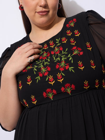 Black Embroidered Georgette Tiered Midi Dress-SASSAFRAS Curve