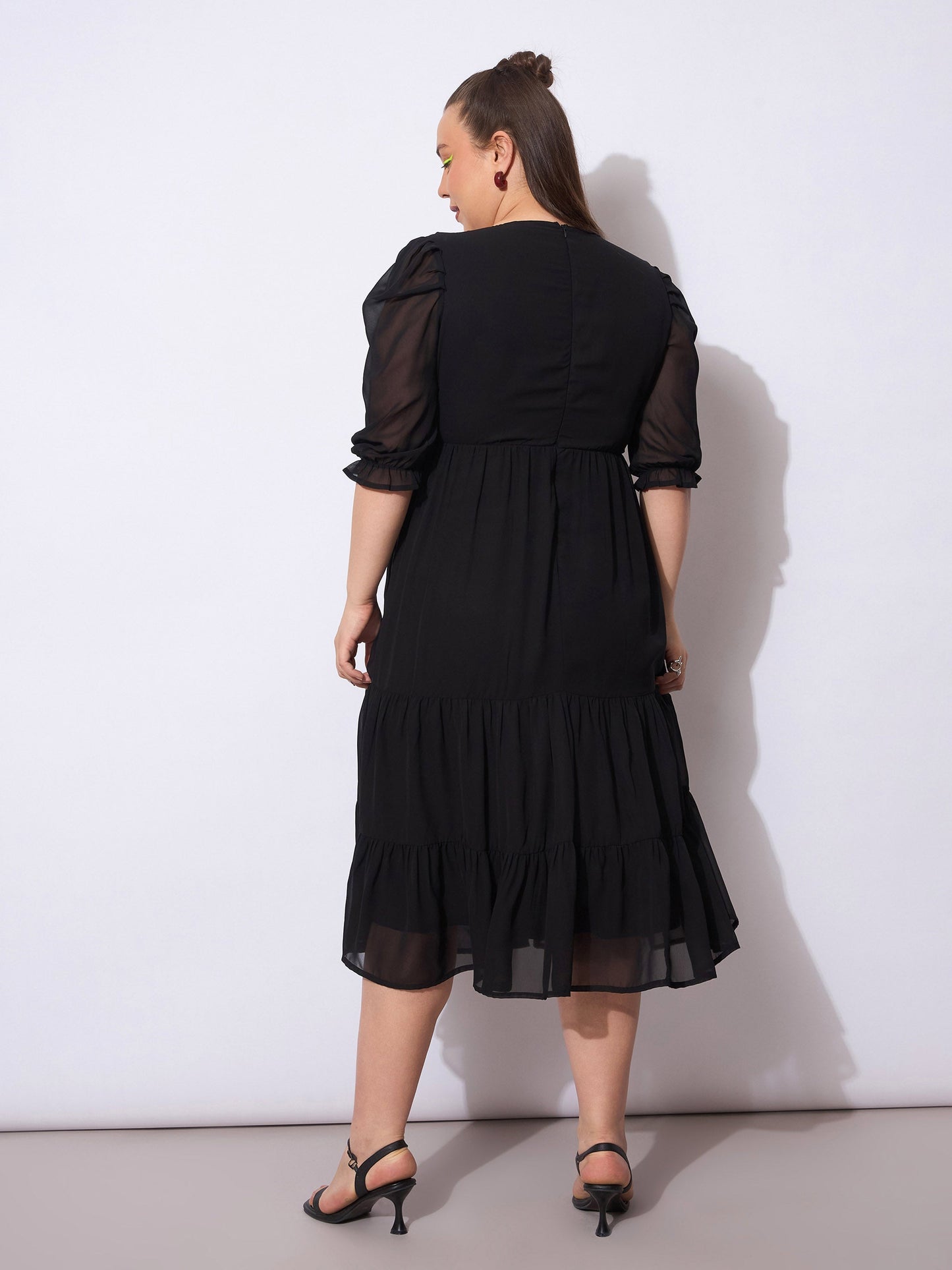 Black Embroidered Georgette Tiered Midi Dress-SASSAFRAS Curve