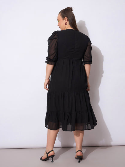Black Embroidered Georgette Tiered Midi Dress-SASSAFRAS Curve