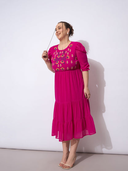 Plus size women's Fuchsia Georgette Fuchsia Embroidered Georgette Tiered Midi Dress by Sassafras Curve for wholesale buyers, boutiques, resellers and