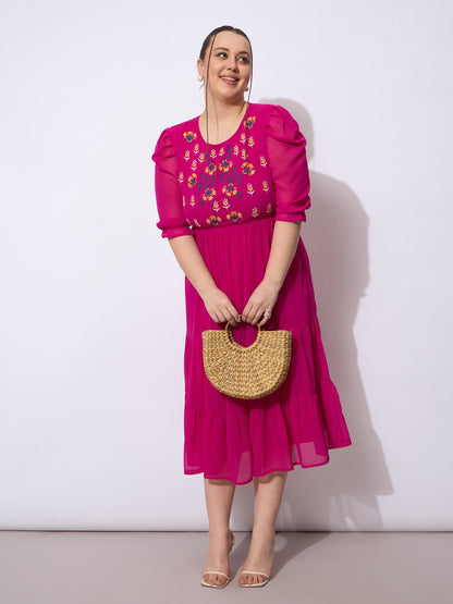 Fuchsia Embroidered Georgette Tiered Midi Dress-SASSAFRAS Curve
