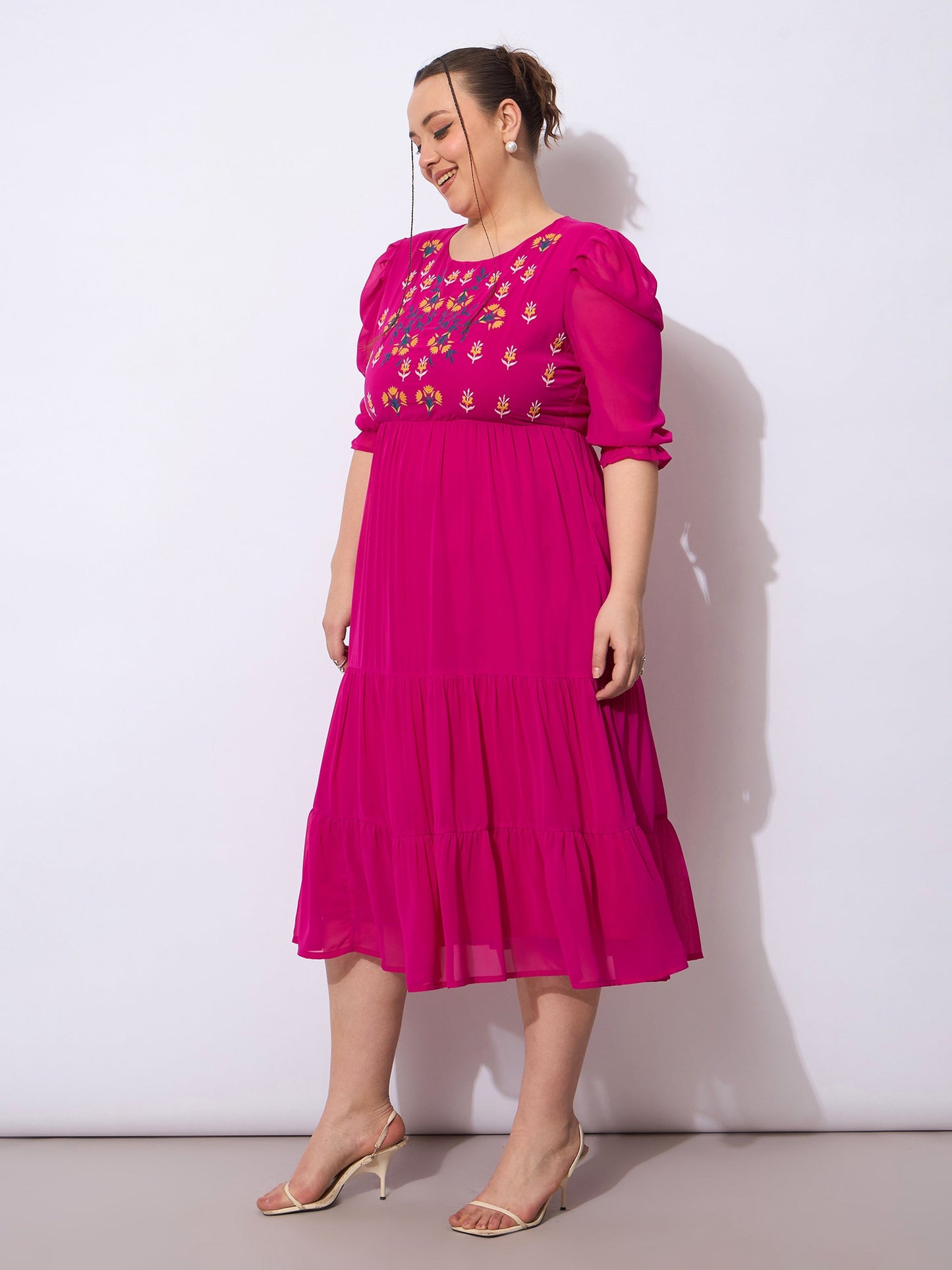 Fuchsia Embroidered Georgette Tiered Midi Dress-SASSAFRAS Curve