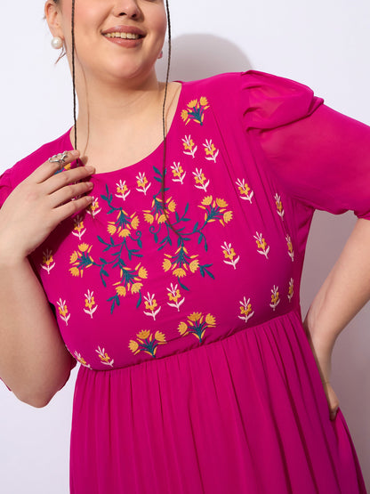 Fuchsia Embroidered Georgette Tiered Midi Dress-SASSAFRAS Curve