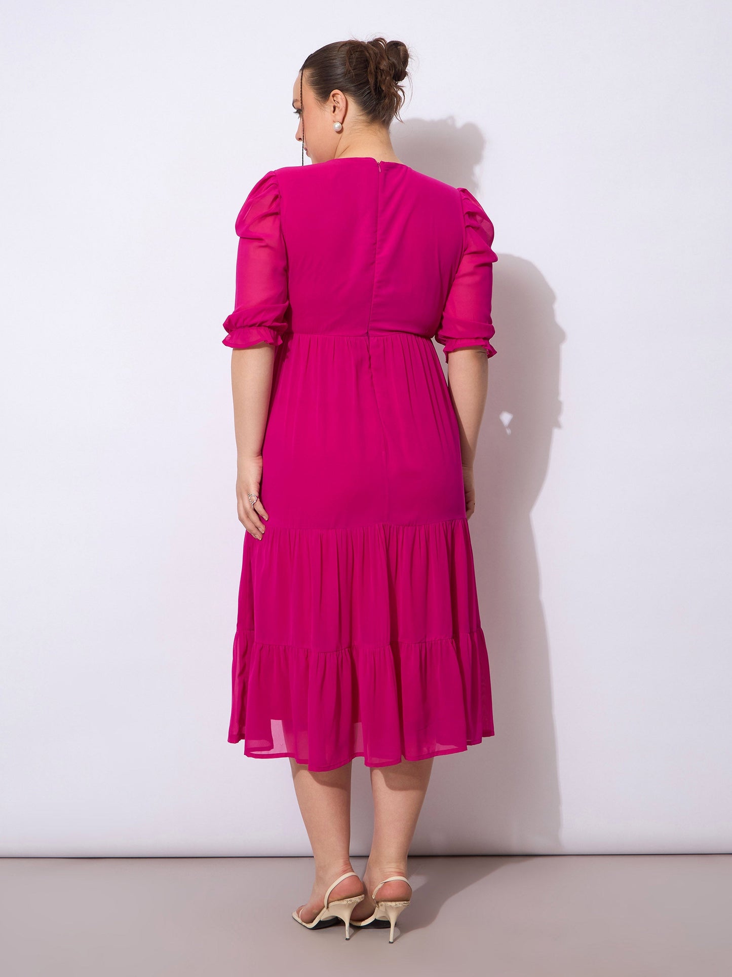 Fuchsia Embroidered Georgette Tiered Midi Dress-SASSAFRAS Curve