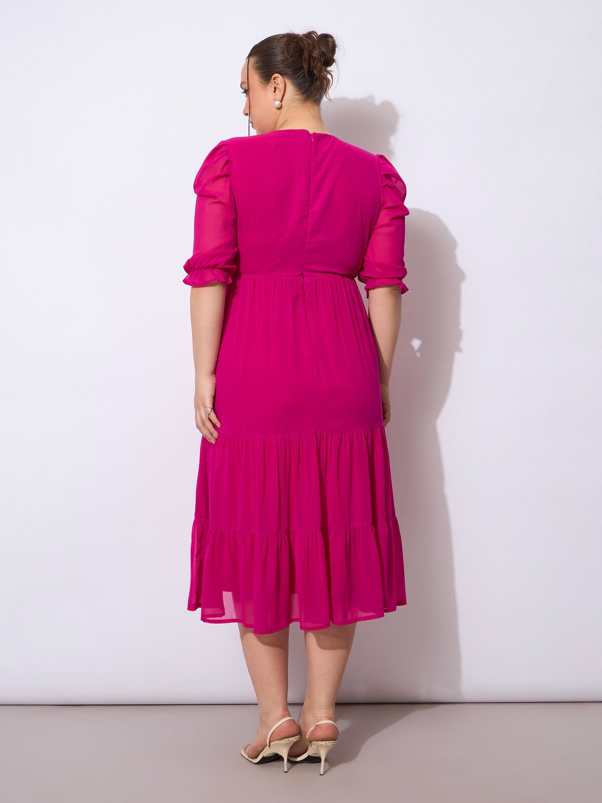 Fuchsia Embroidered Georgette Tiered Midi Dress-SASSAFRAS Curve