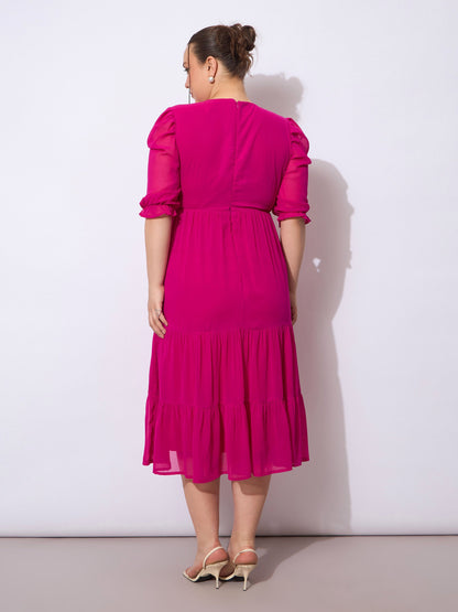 Fuchsia Embroidered Georgette Tiered Midi Dress-SASSAFRAS Curve