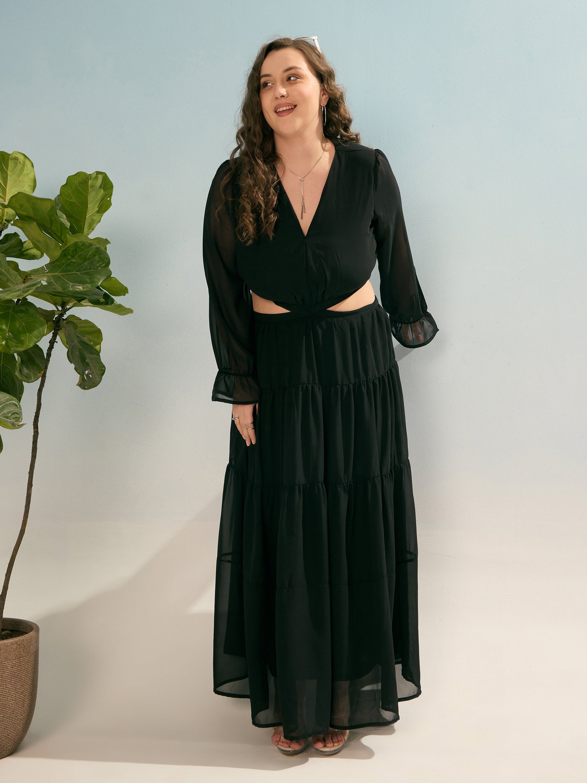 Plus size women's Black Georgette Black Solid Waist Cut-Out Maxi Dress by Sassafras Curve for wholesale buyers, boutiques, resellers and bulk orders