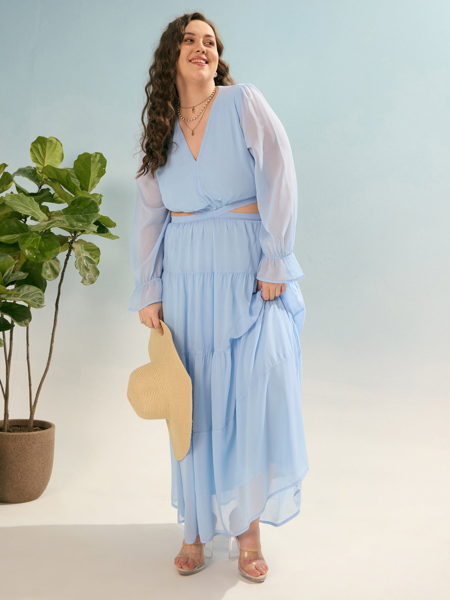 Plus size women's Blue Georgette Sky Blue Solid Waist Cut-Out Maxi Dress by Sassafras Curve for wholesale buyers, boutiques, resellers and bulk