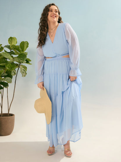 Plus size women's Blue Georgette Sky Blue Solid Waist Cut-Out Maxi Dress by Sassafras Curve for wholesale buyers, boutiques, resellers and bulk