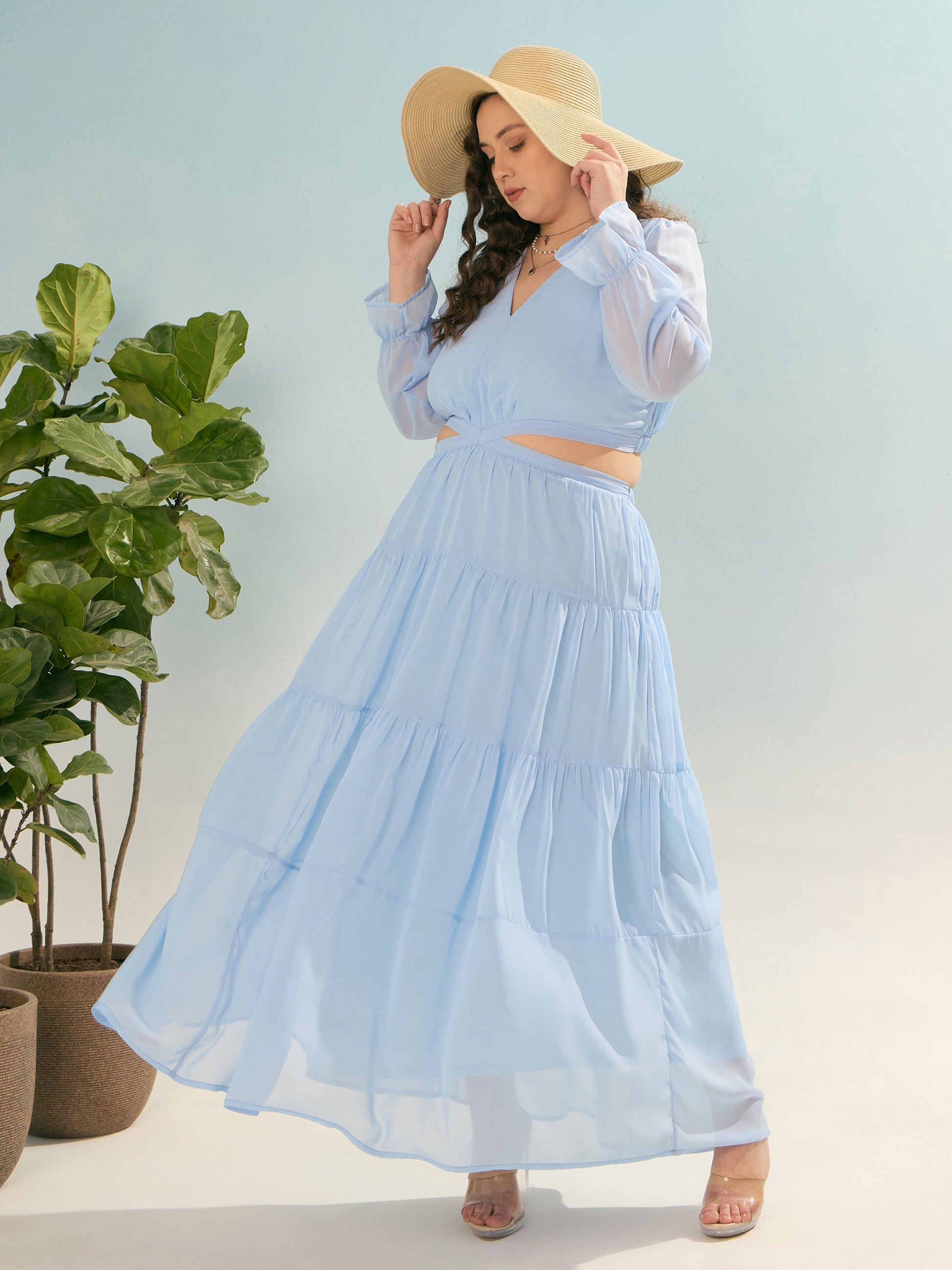 Sky Blue Solid Waist Cut-Out Maxi Dress-SASSAFRAS Curve