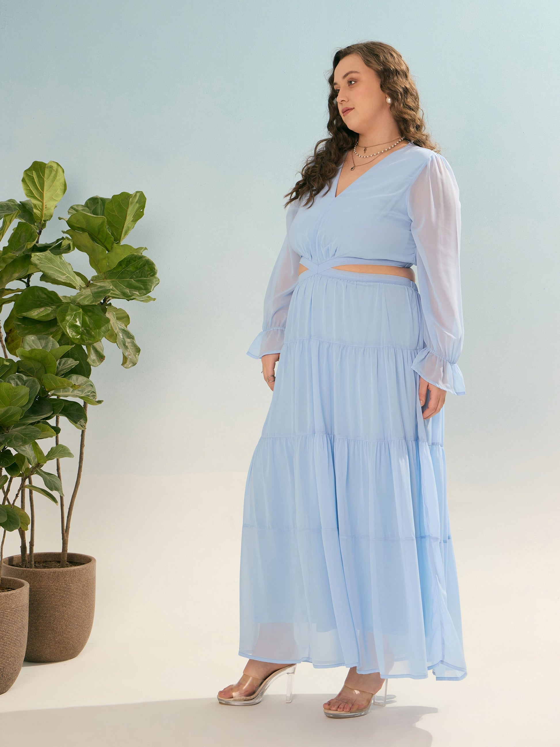 Sky Blue Solid Waist Cut-Out Maxi Dress-SASSAFRAS Curve