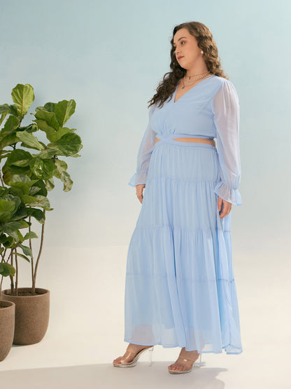 Sky Blue Solid Waist Cut-Out Maxi Dress-SASSAFRAS Curve