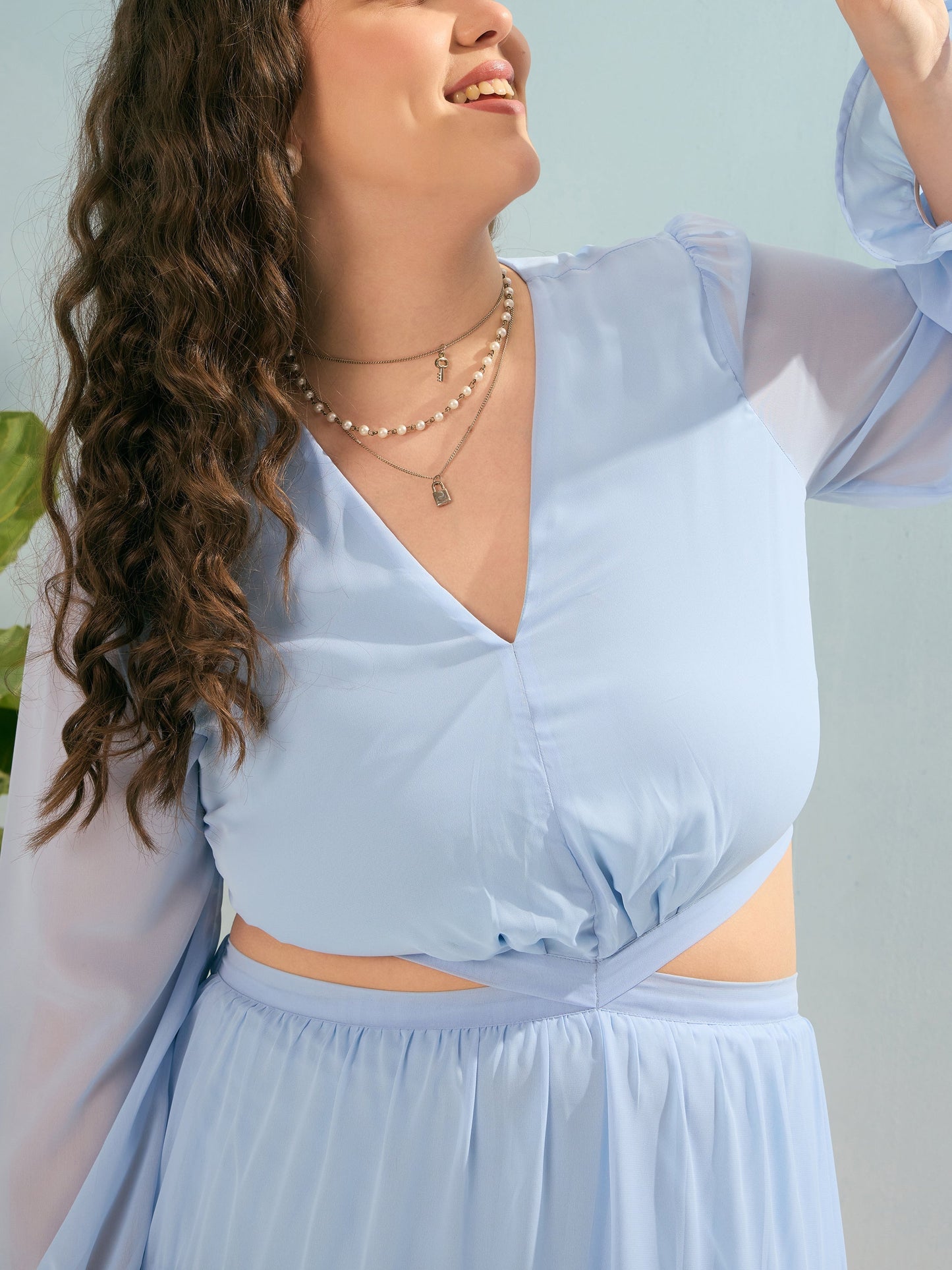 Sky Blue Solid Waist Cut-Out Maxi Dress-SASSAFRAS Curve