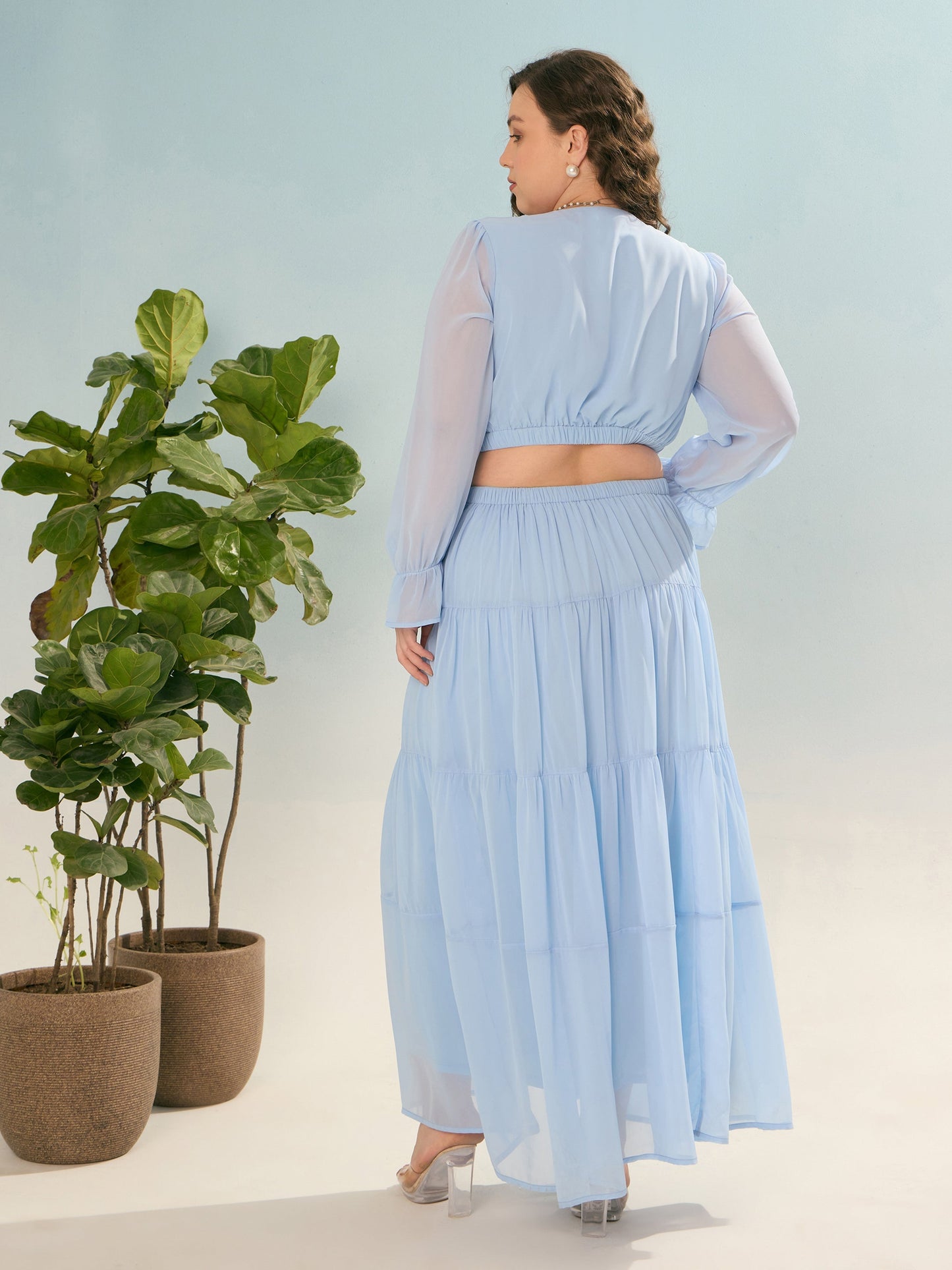 Sky Blue Solid Waist Cut-Out Maxi Dress-SASSAFRAS Curve