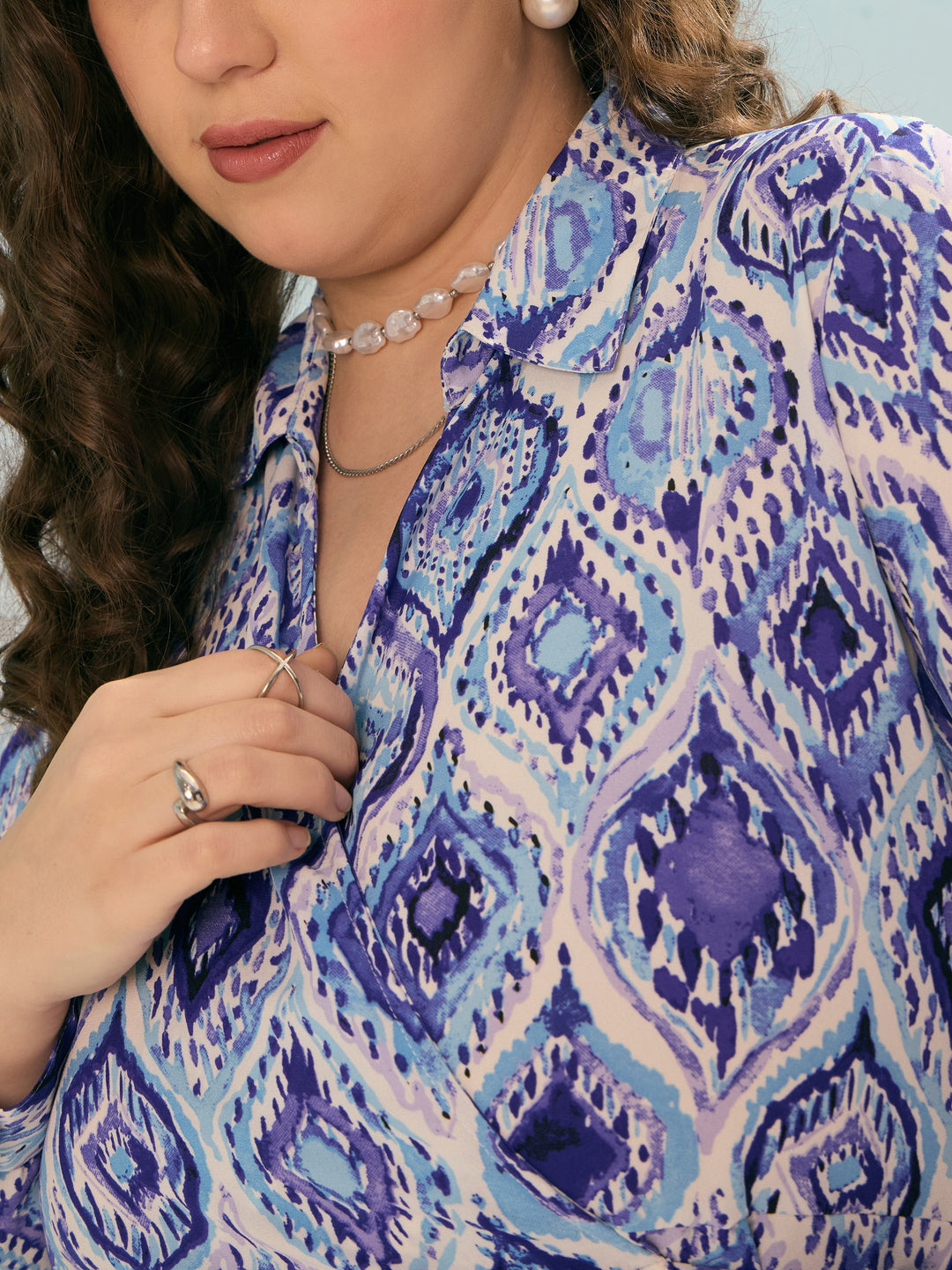 Blue Printed Wrap Midi Dress-SASSAFRAS Curve