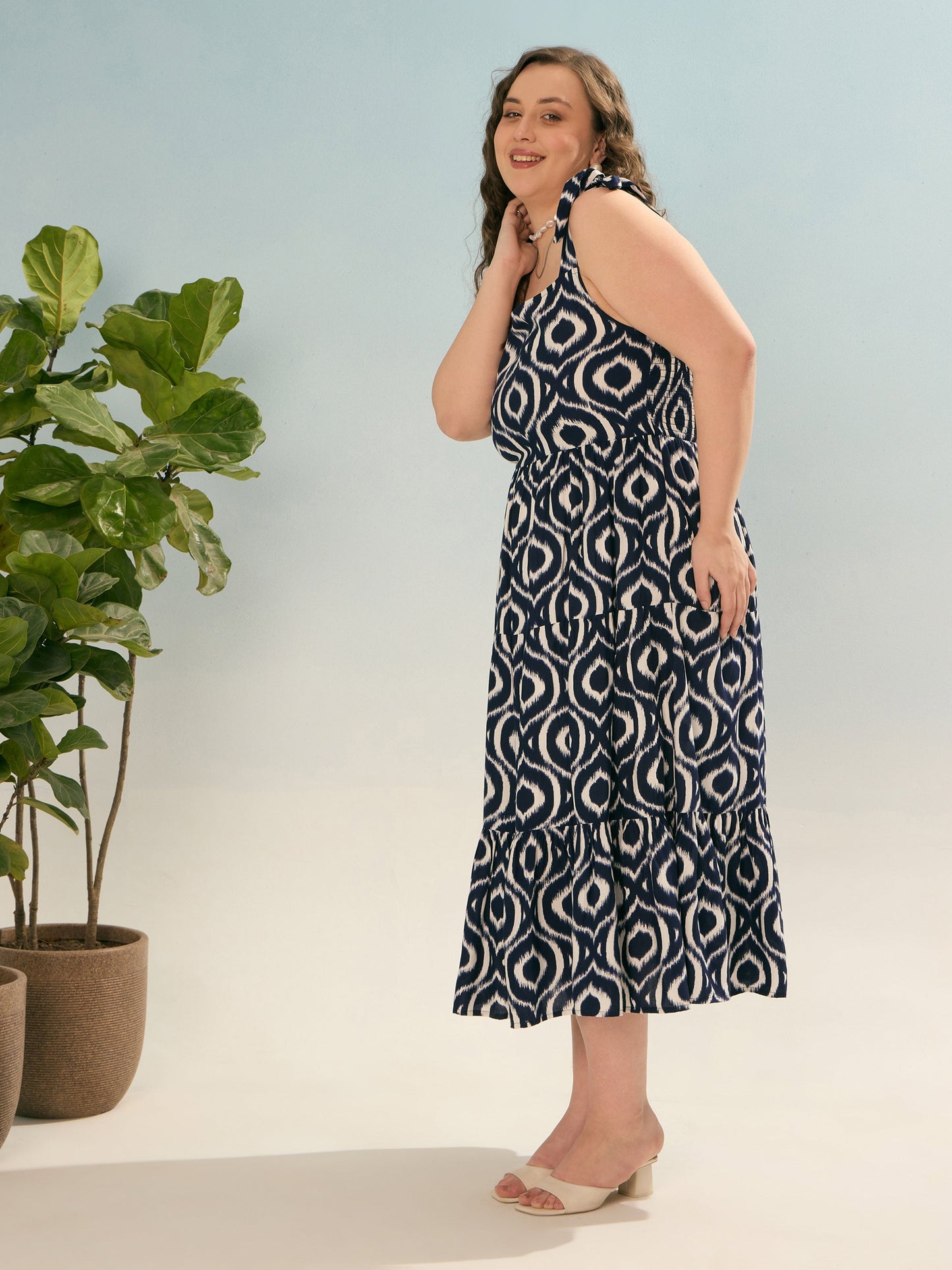 Navy Geometric Tie Up Tiered Dress-SASSAFRAS Curve