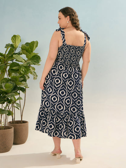Navy Geometric Tie Up Tiered Dress-SASSAFRAS Curve
