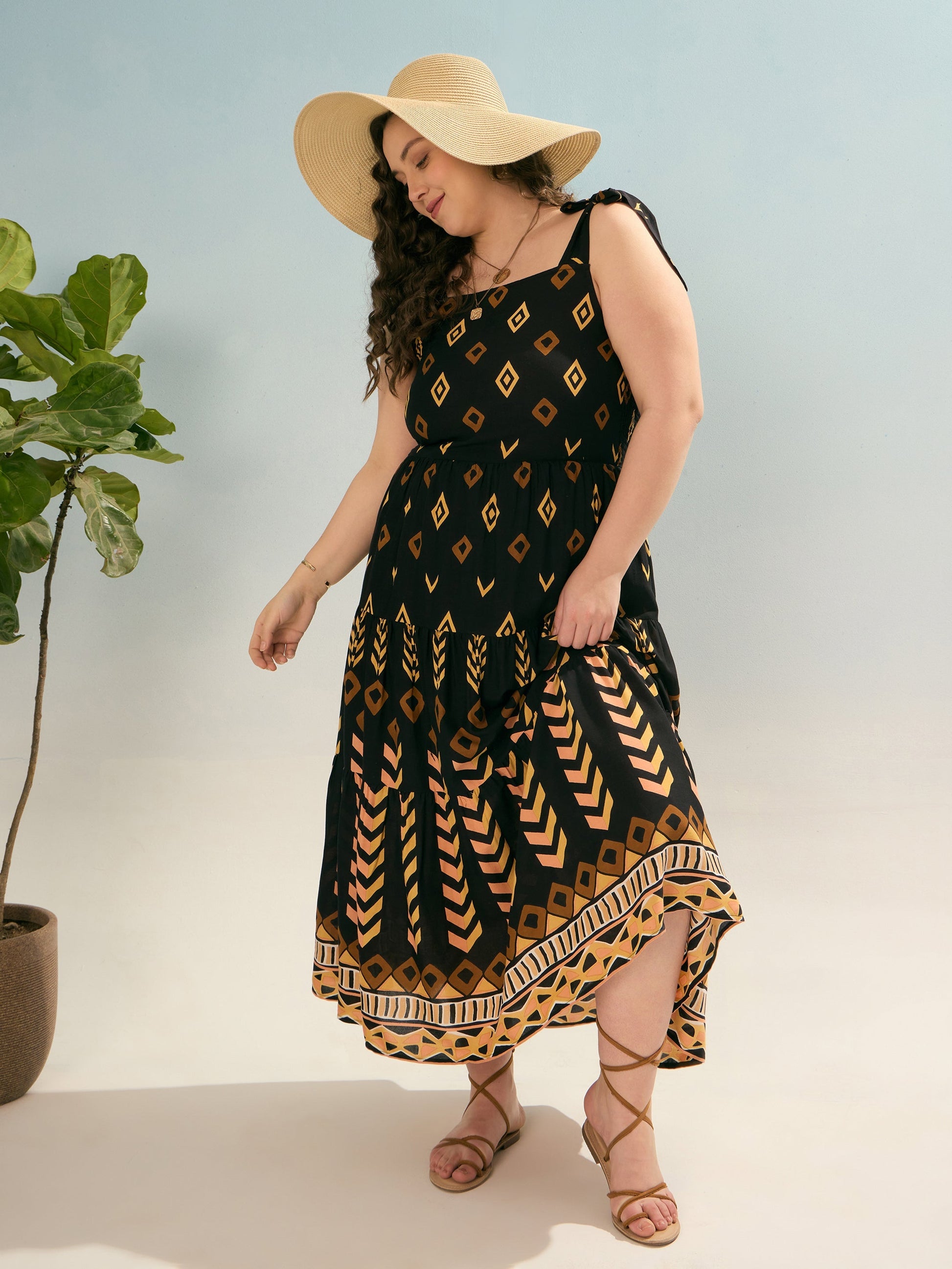 Plus size women's Black Rayon Black Geometric Tie Up Tiered Dress by Sassafras Curve for wholesale buyers, boutiques, resellers and bulk orders from