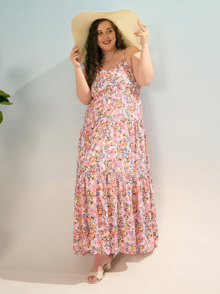 Off White Multi Floral Strappy Tiered Maxi Dress