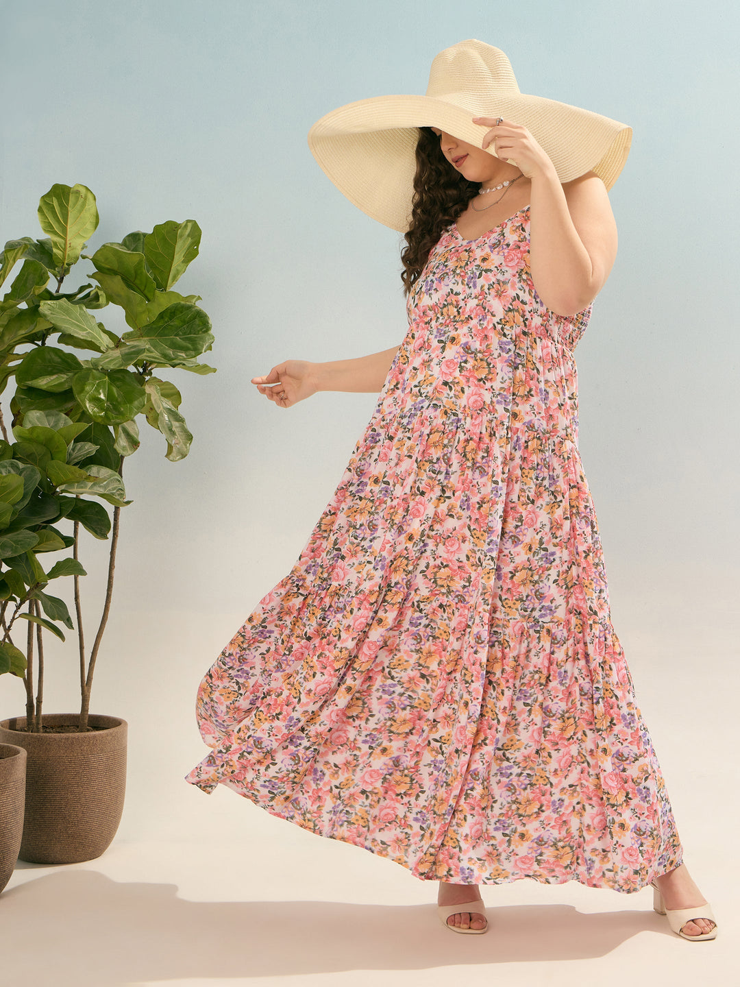 Off White Multi Floral Strappy Tiered Maxi Dress