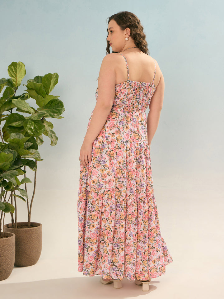 Off White Multi Floral Strappy Tiered Maxi Dress