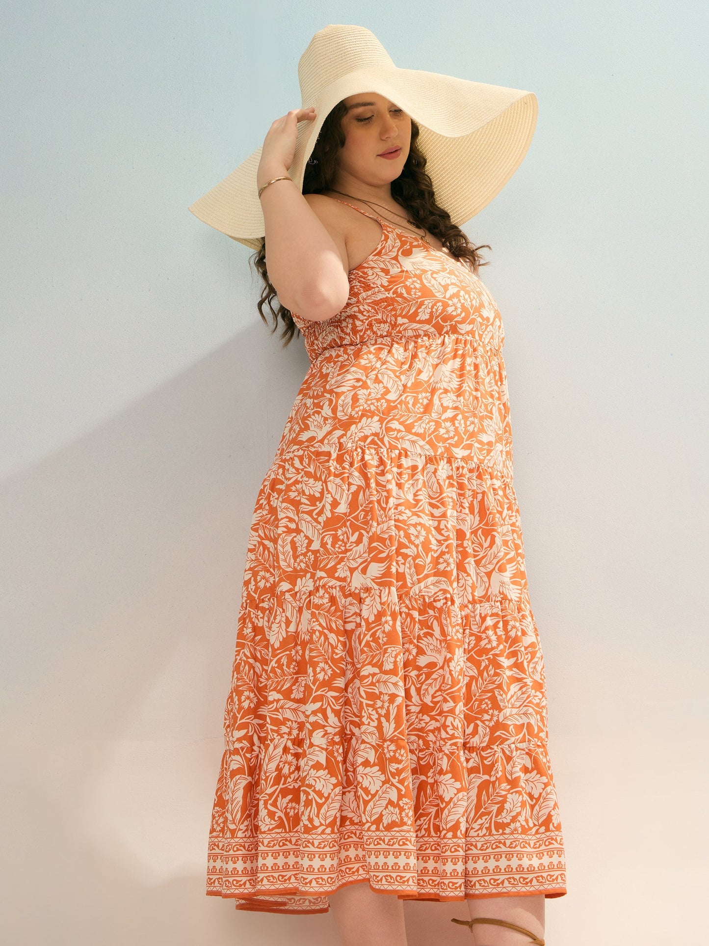 Orange & White Floral Strappy Tiered Maxi Dress