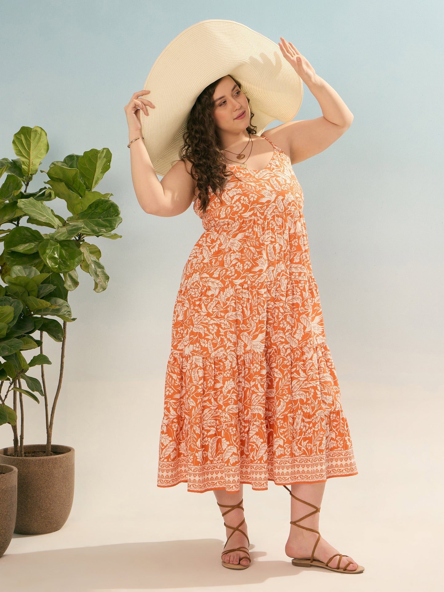 Orange & White Floral Strappy Tiered Maxi Dress