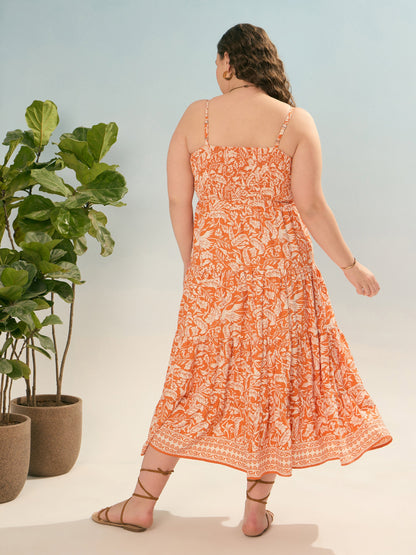 Orange & White Floral Strappy Tiered Maxi Dress