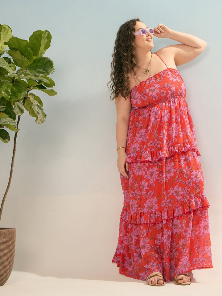 Red &amp; Pink Floral Strappy Maxi Dress