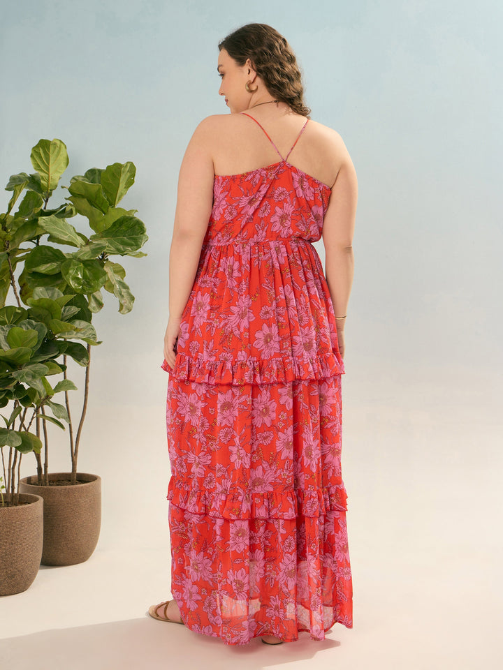 Red &amp; Pink Floral Strappy Maxi Dress