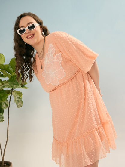 Plus size women's Peach Polyester Peach Dobby Puff Sleeve Skater Dress by Sassafras Curve for wholesale buyers, boutiques, resellers and bulk orders