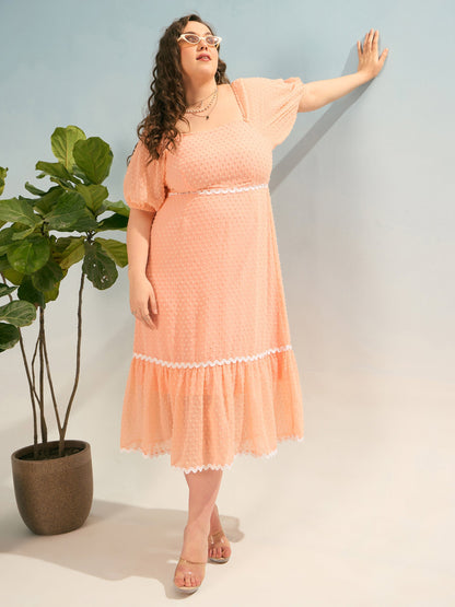Plus size women's Peach Polyester Peach Dobby Back Smocking Midi Dress by Sassafras Curve for wholesale buyers, boutiques, resellers and bulk orders