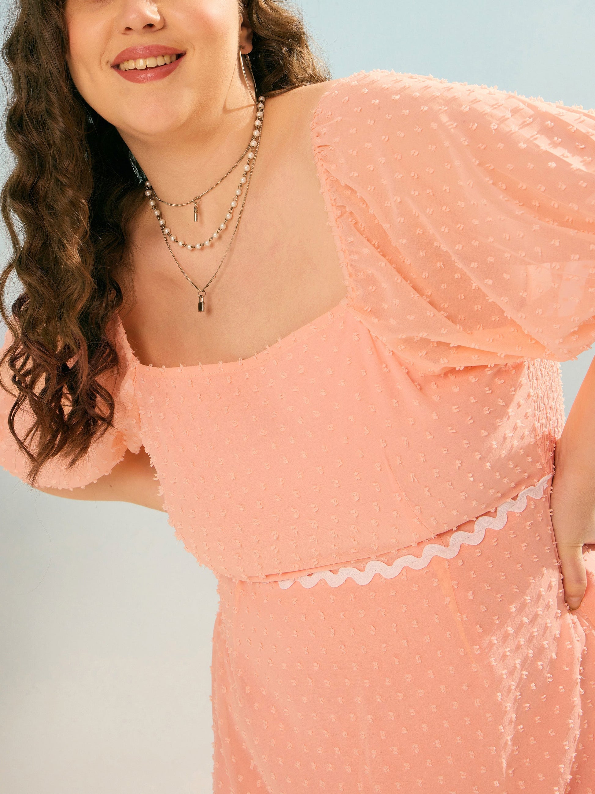 Peach Dobby Back Smocking Midi Dress-SASSAFRAS Curve