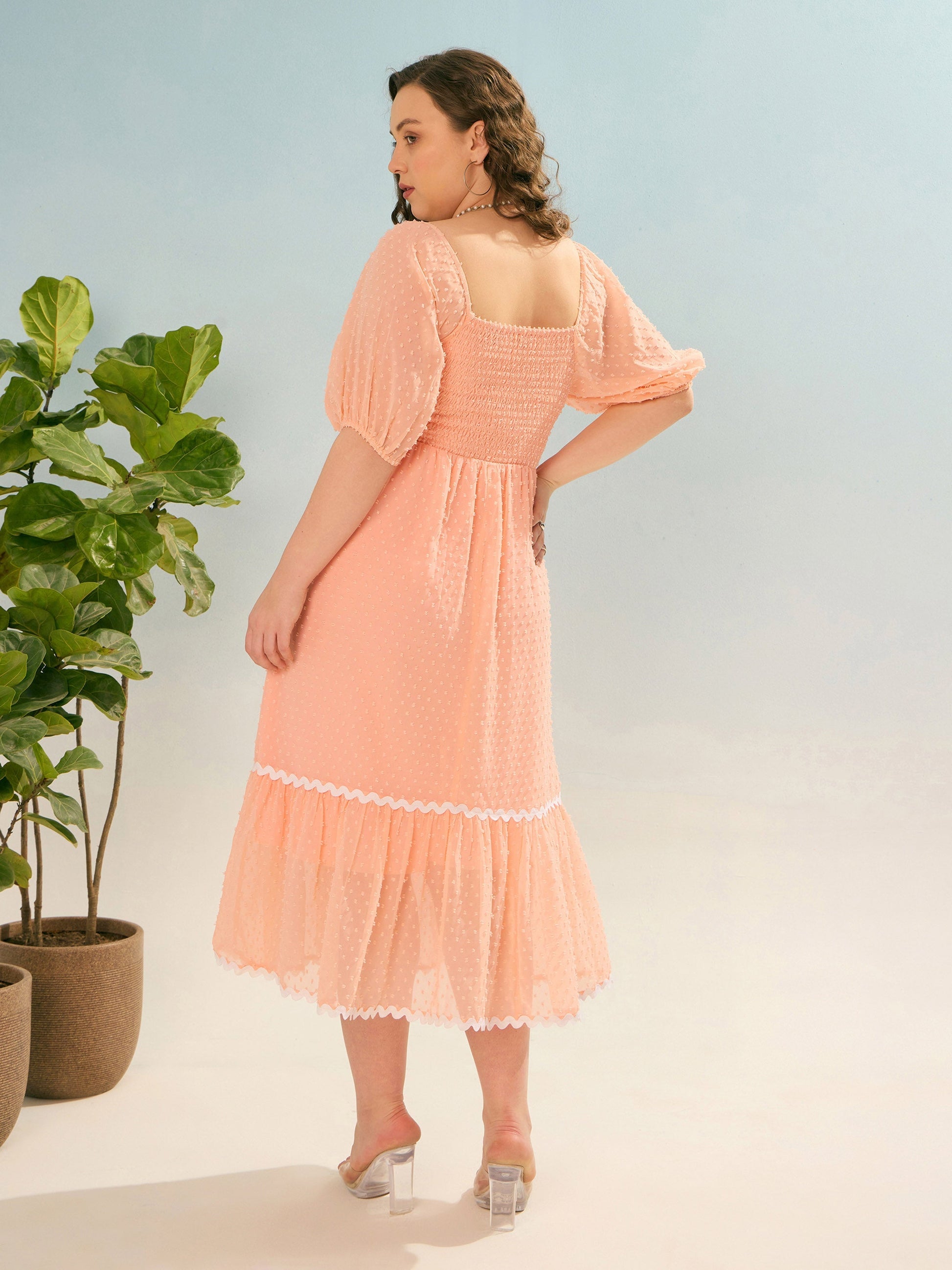 Peach Dobby Back Smocking Midi Dress-SASSAFRAS Curve