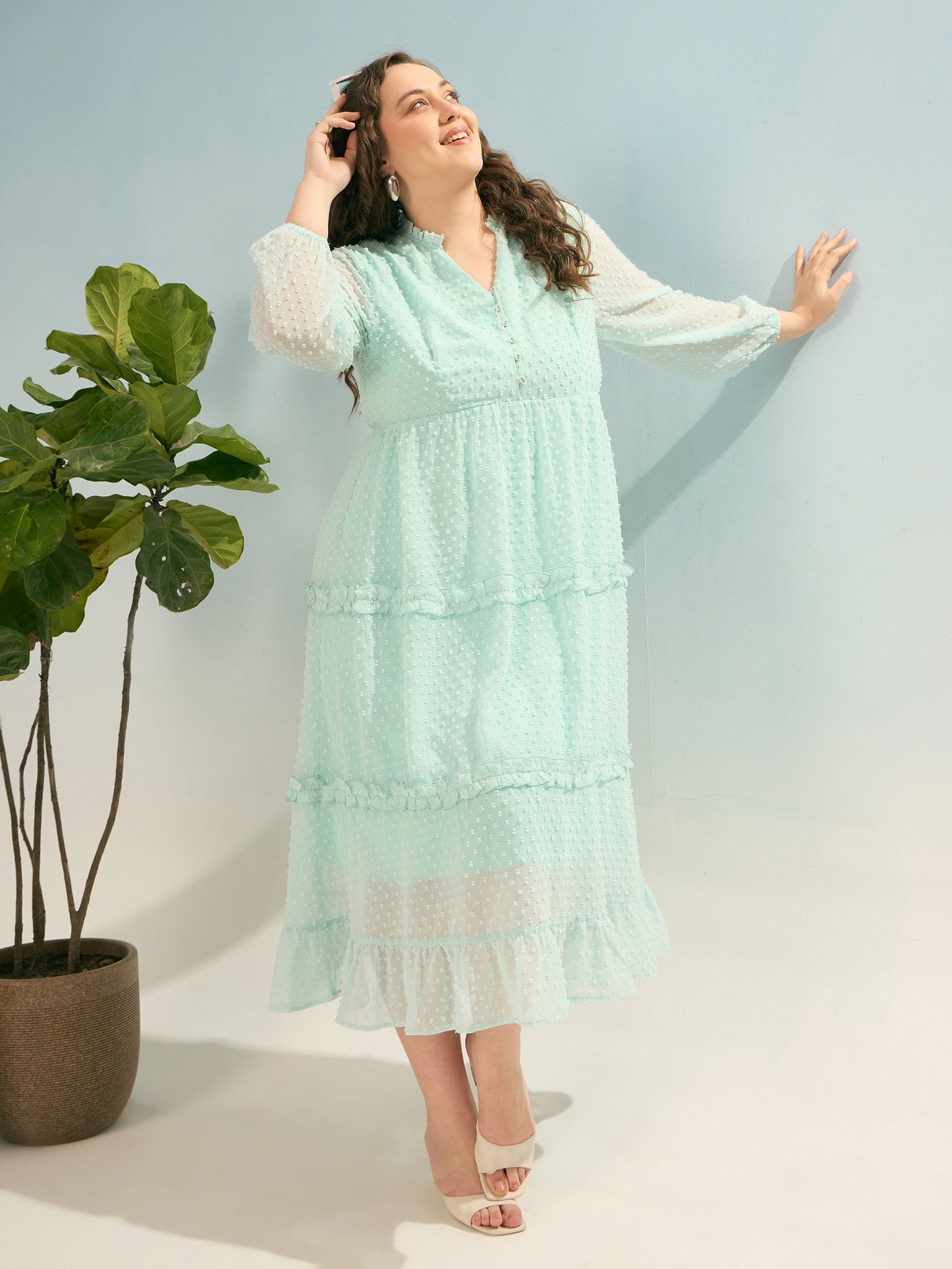 Sea Green Dobby V Neck Tiered Maxi Dress